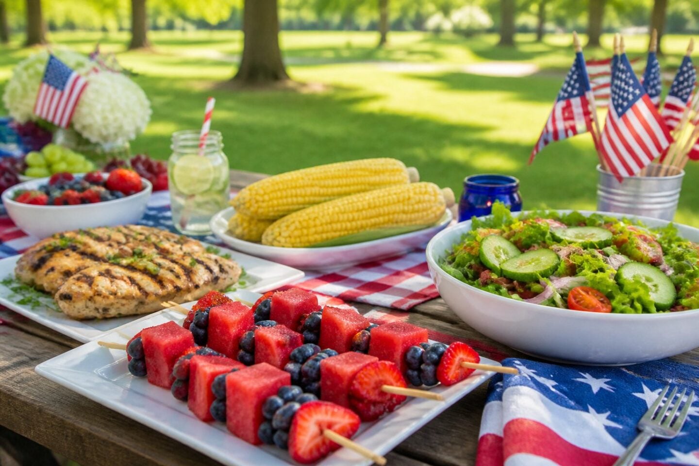 A picnic table outdoors with healthy Fourth of July foods including fruit skewers, salad, grilled chicken, and corn, decorated with small patriotic accents.